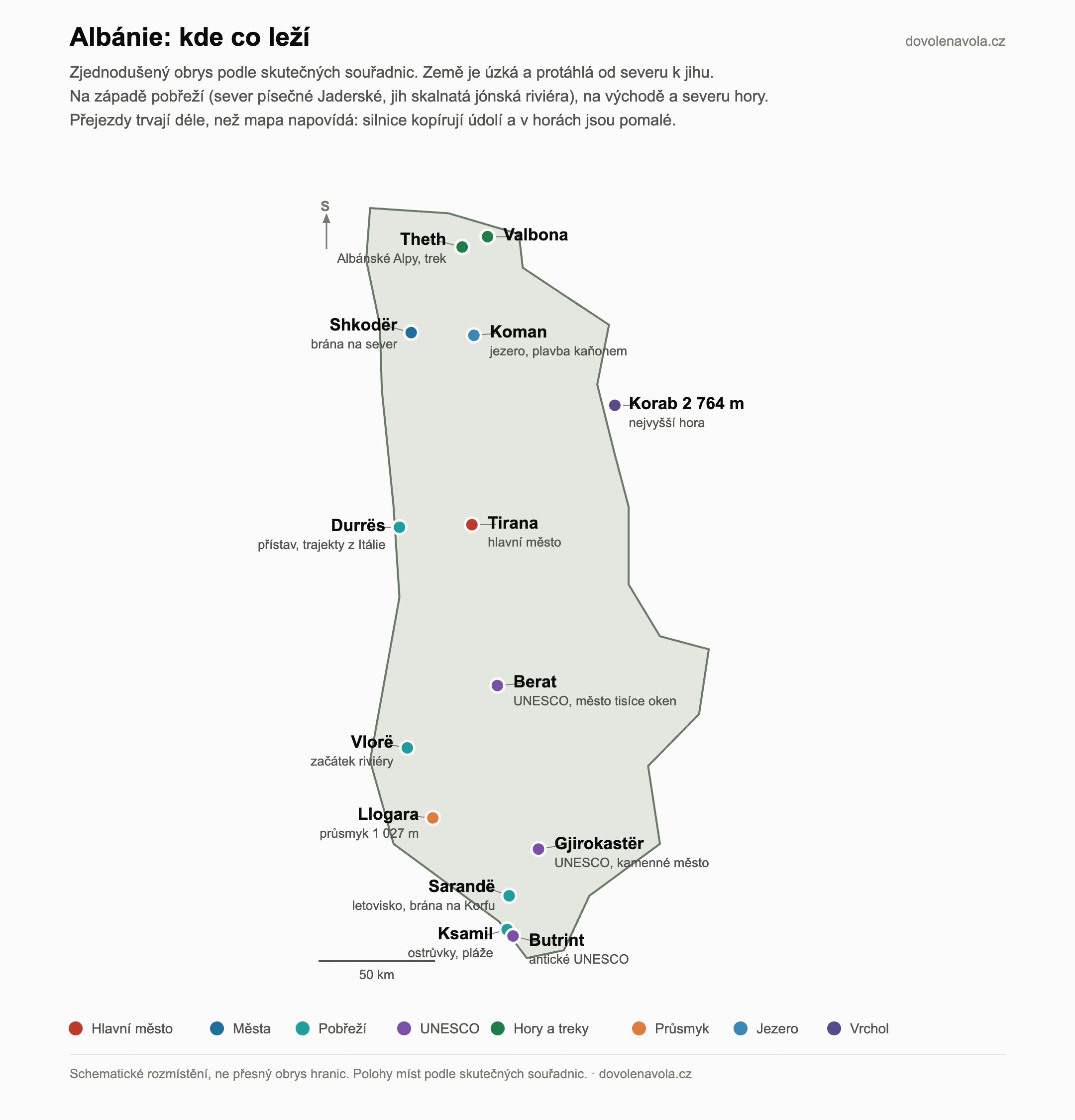 Schematicka mapa Albanie s hlavnimi misty: Tirana, pobrezni Vlore, Sarande a Ksamil, UNESCO mesta Berat a Gjirokaster, anticke Butrint, hory Theth a Valbona i jezero Koman.