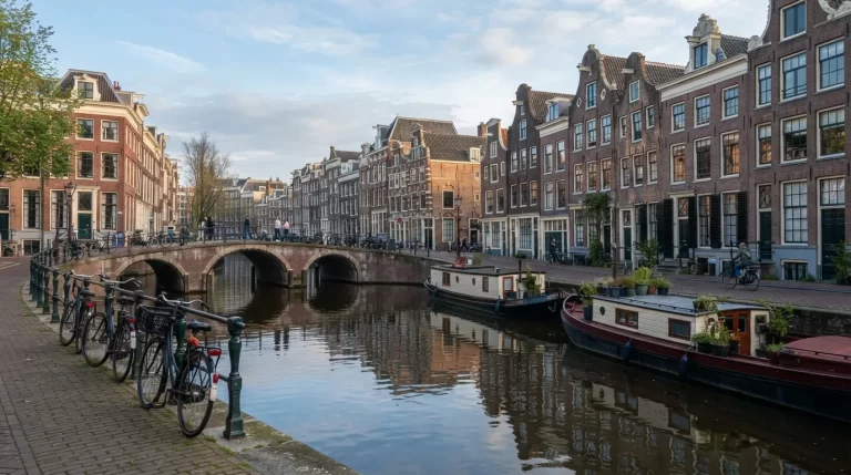 Amsterdamský kanál s úzkými domy se štíty, hausbóty a klenutým mostem