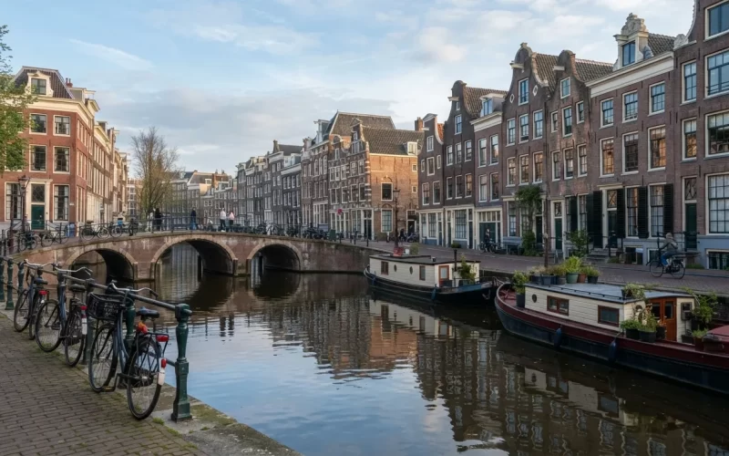 Amsterdamský kanál s úzkými domy se štíty, hausbóty a klenutým mostem