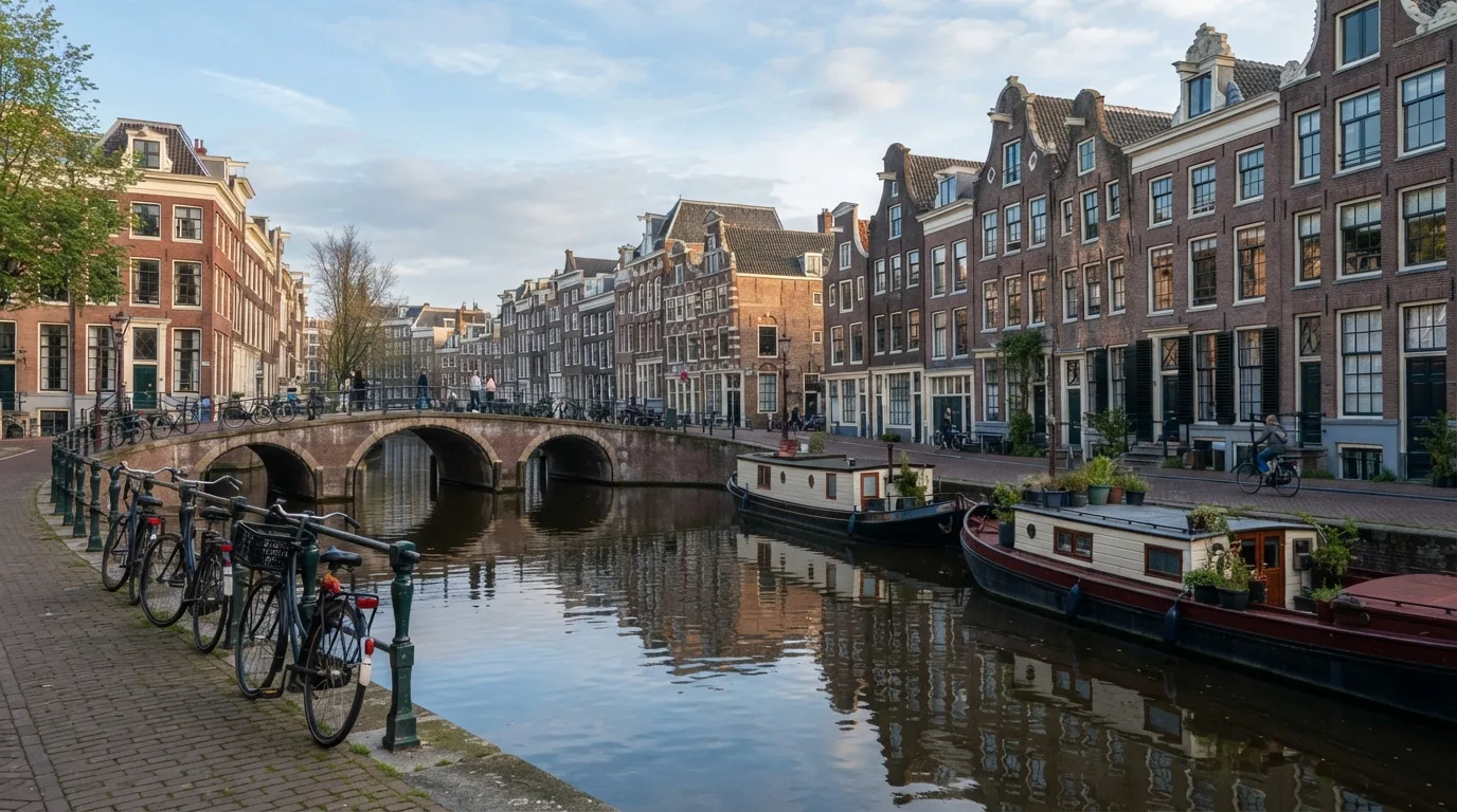 Amsterdamský kanál s úzkými domy se štíty, hausbóty a klenutým mostem