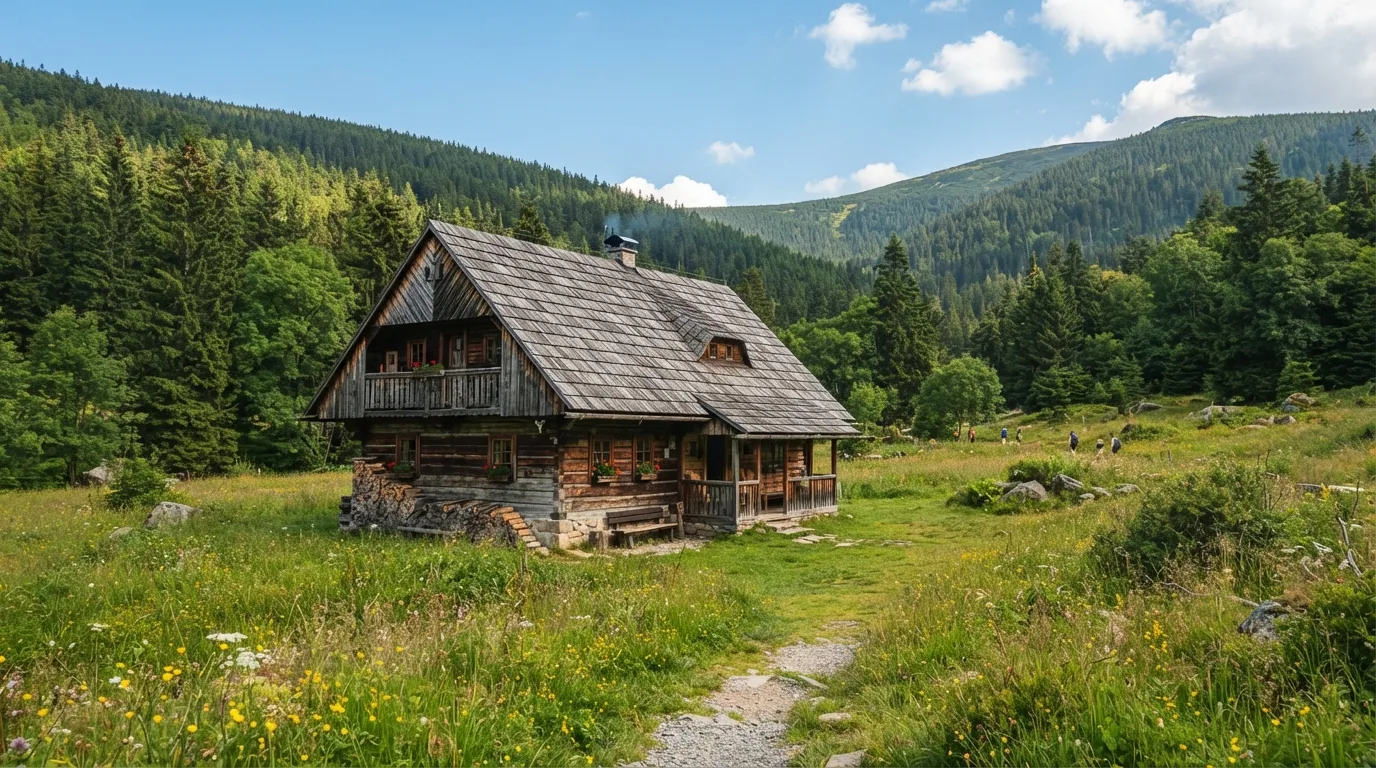 Dřevěná horská chata se šindelovou střechou na louce pod zalesněnými kopci