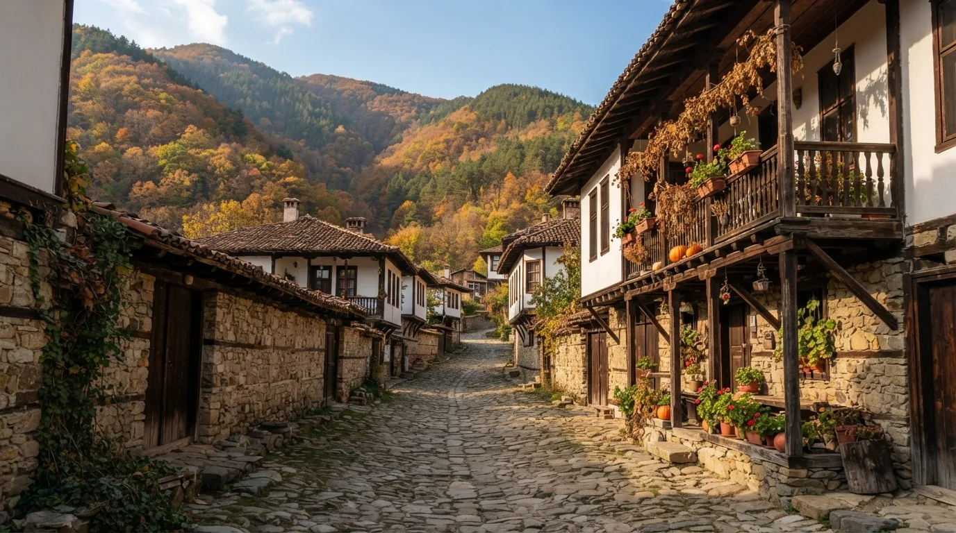 Bulharská horská vesnice s kamennými a dřevěnými domy