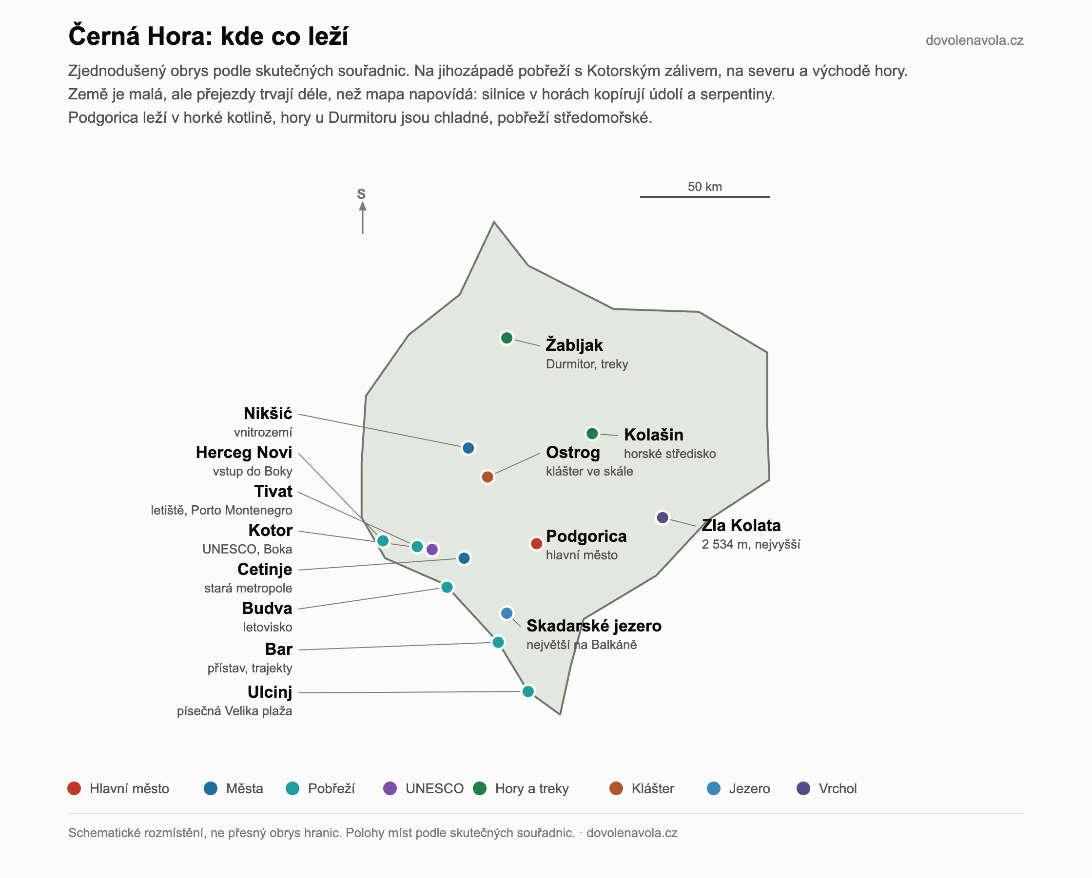 Schematická mapa Černé Hory s hlavními místy: Podgorica, Kotor, Budva, Bar, Ulcinj, Žabljak, Cetinje, Skadarské jezero, Zla Kolata.
