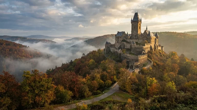 Gotický hrad s vysokou věží na zalesněném kopci v podzimních barvách