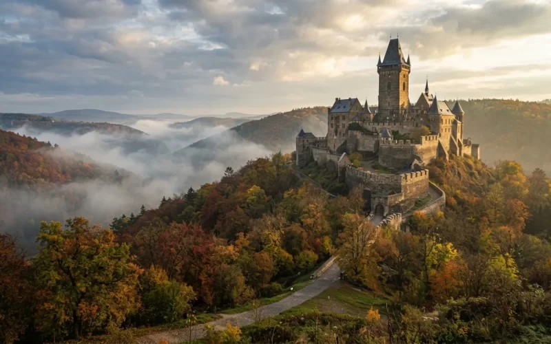 Gotický hrad s vysokou věží na zalesněném kopci v podzimních barvách
