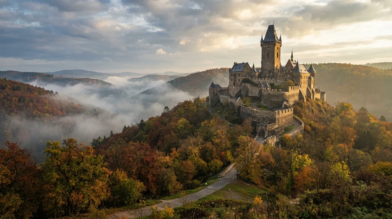 Gotický hrad s vysokou věží na zalesněném kopci v podzimních barvách