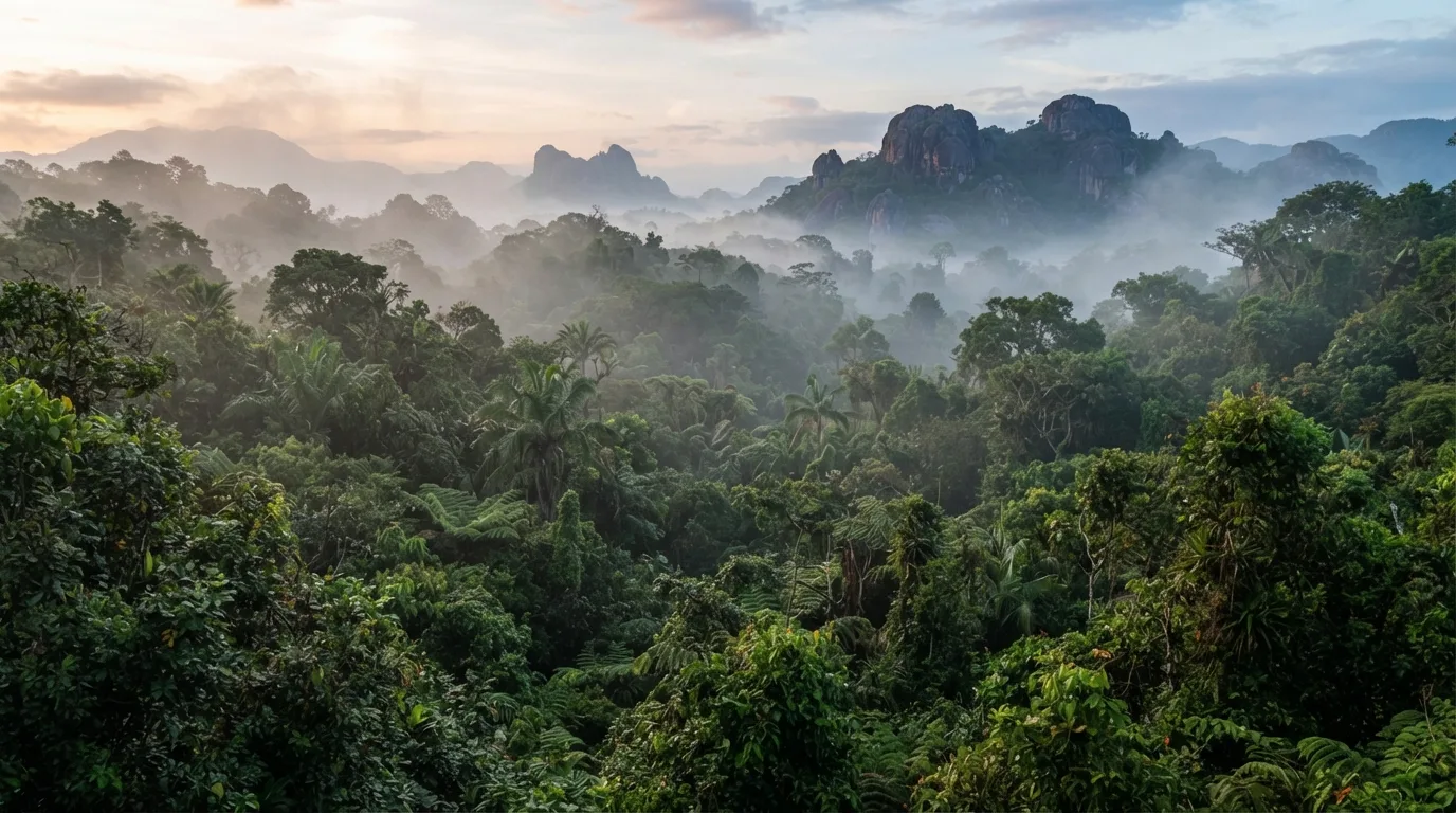 Deštný prales na Madagaskaru s mlhou mezi korunami stromů