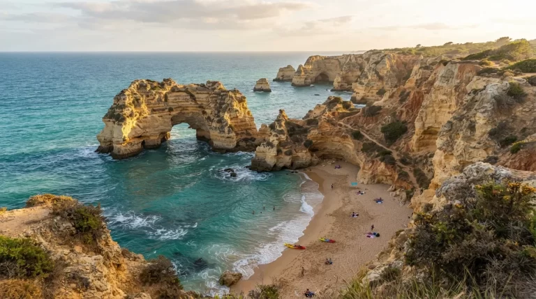 Atlantické pobřeží Algarve s vápencovými útesy a písečnou zátokou
