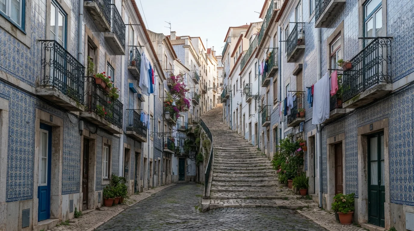Úzká dlážděná ulička v portugalském městě s fasádami obloženými azulejos