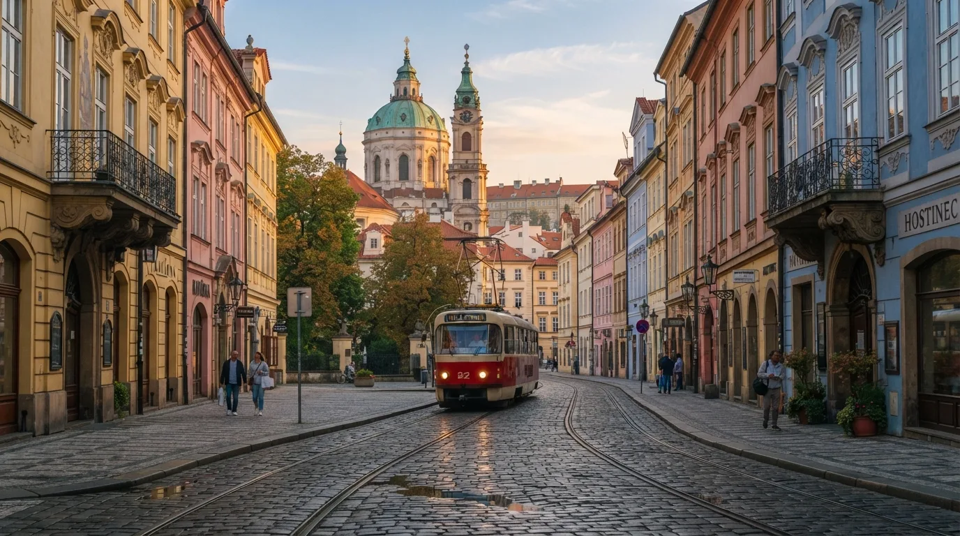 Dlážděná ulice na Malé Straně v Praze s projíždějící tramvají