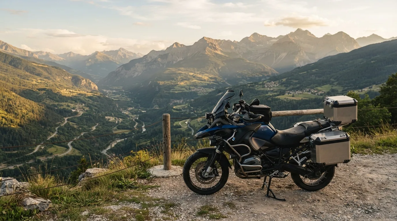Cestovní motorka s brašnami zaparkovaná u vyhlídky nad údolím
