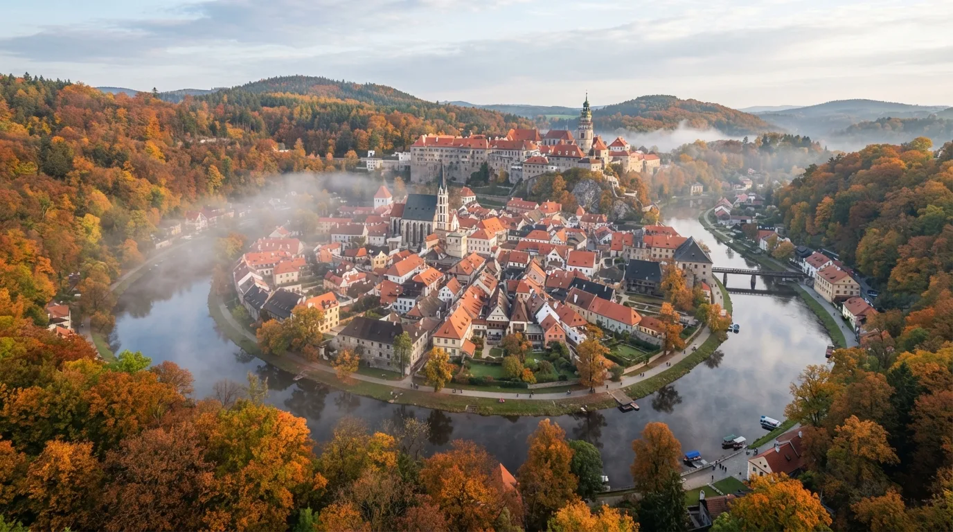 Historické město s hradem nad meandrem řeky v podzimních barvách
