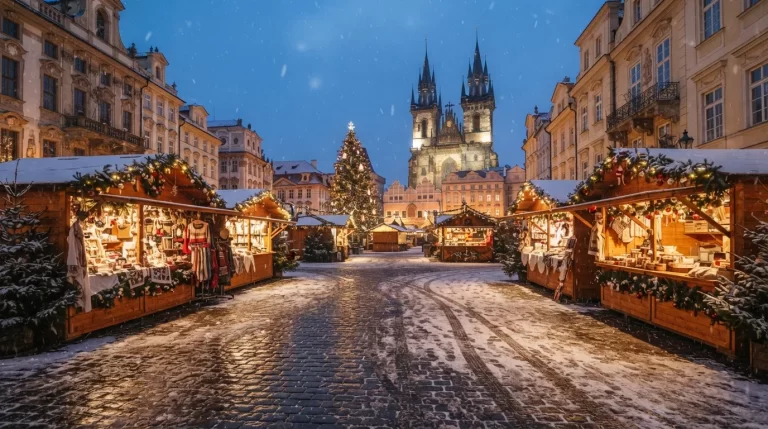Adventní trh na náměstí za soumraku se světly a padajícím sněhem