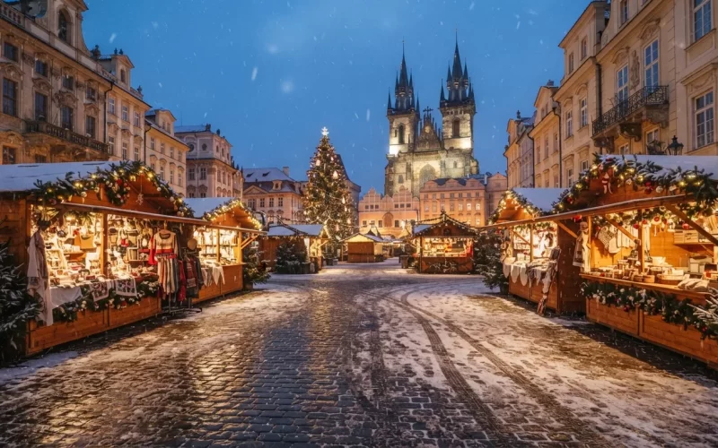 Adventní trh na náměstí za soumraku se světly a padajícím sněhem