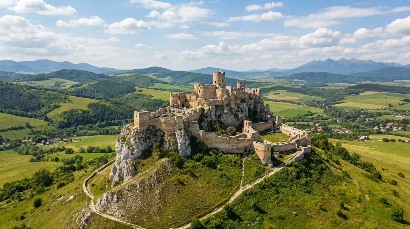 Rozsáhlá hradní zřícenina na vápencovém kopci nad slovenskou krajinou