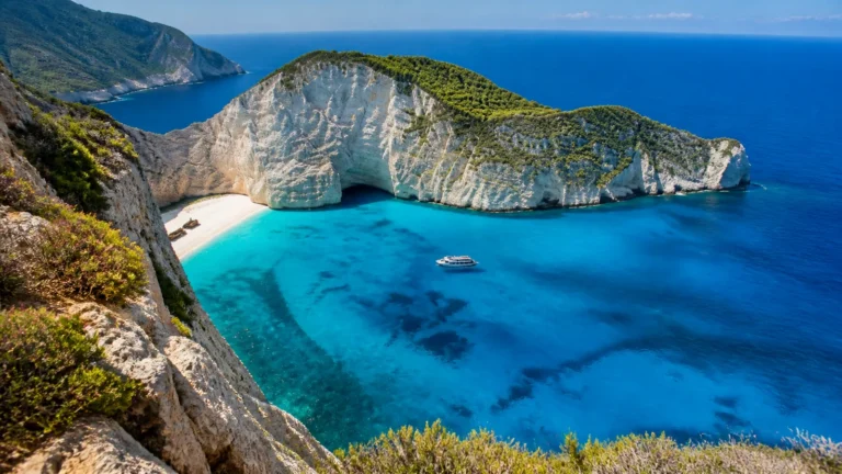 Zátoka Navagio s vrakem a bílými útesy na Zakynthosu