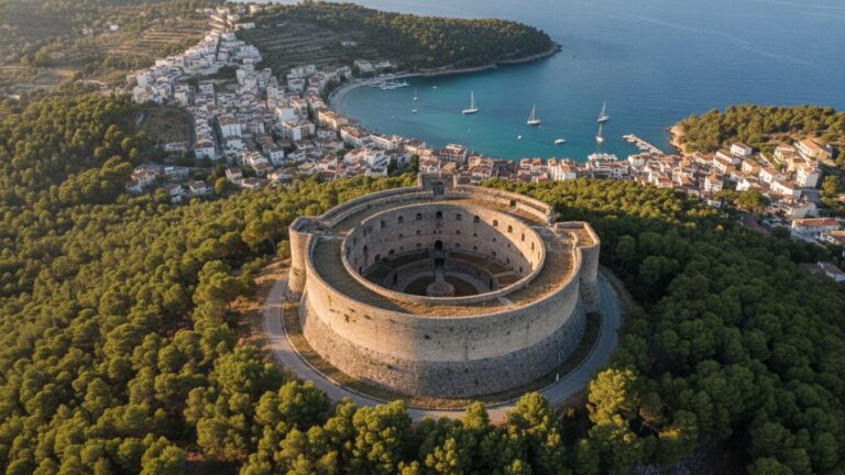 Kruhový hrad na kopci nad středomořským městem a zálivem