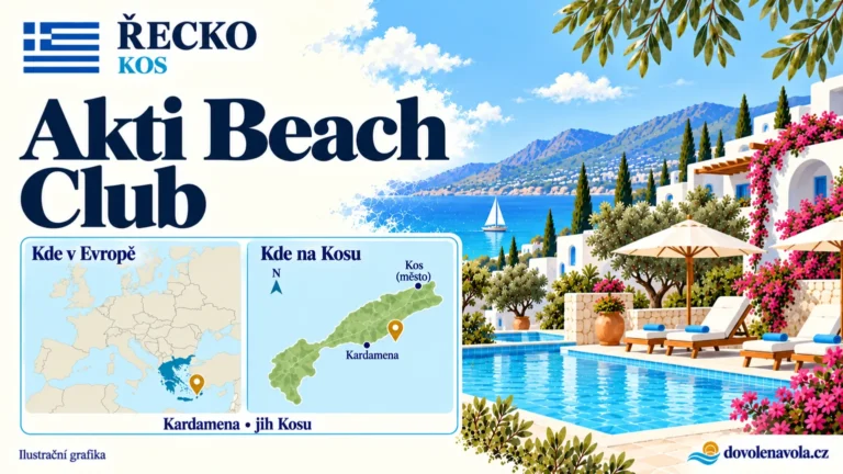 Akti Beach Club – Řecko, Kos; ilustrační hotelová karta s mapou Evropy a orientační polohou: u Kardameny na jižním pobřeží Kosu.