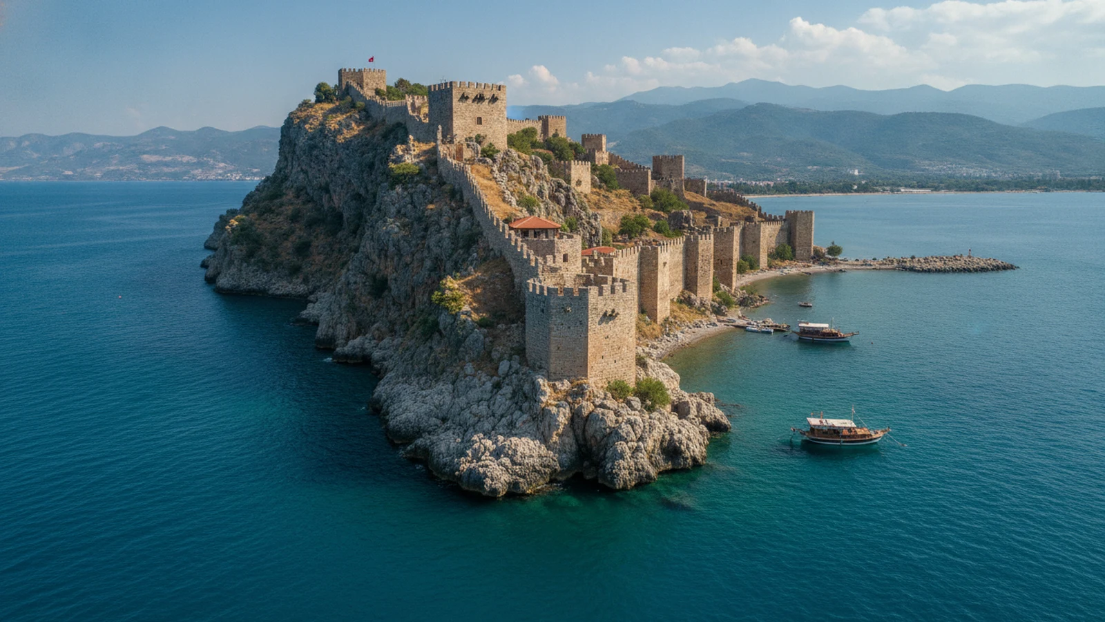 Pevnost Alanya na skalním poloostrově nad mořem a pláží