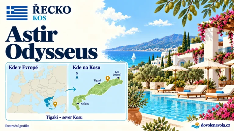 Astir Odysseus Kos Resort & Spa – Řecko, Kos; ilustrační hotelová karta s mapou Evropy a orientační polohou: severní pobřeží mezi Tigaki a městem Kos.
