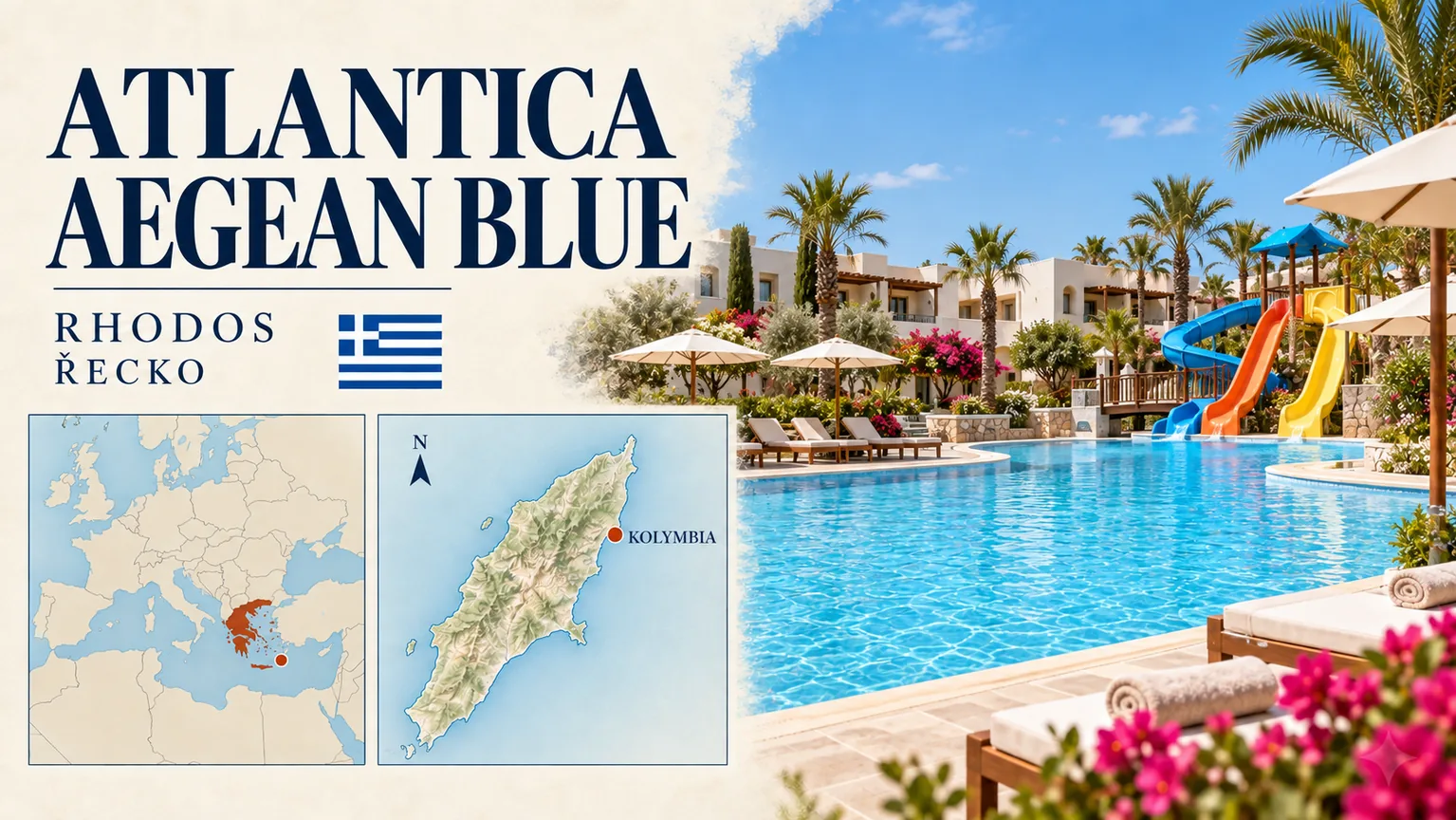 Atlantica Aegean Blue – Rhodos v Řecku; ilustrační hotelová karta s orientační mapou Evropy a polohou Kolymbia.