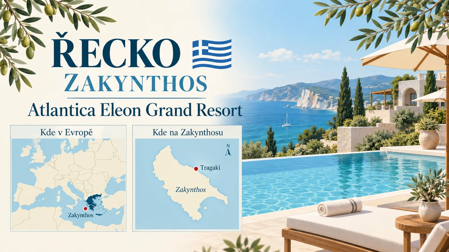 Atlantica Eleon Grand Resort – Zakynthos v Řecku; ilustrační hotelová karta s orientační mapou Evropy a polohou Tragaki.