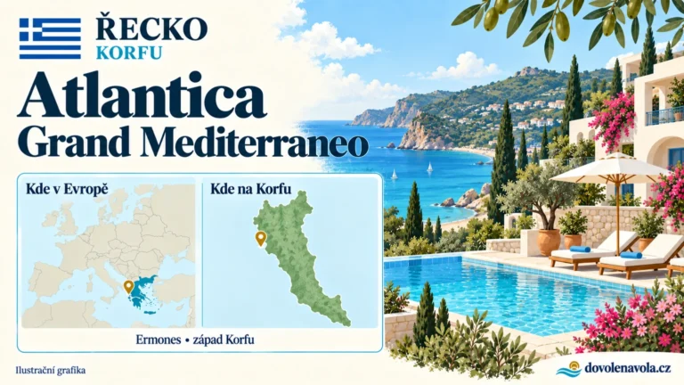 Atlantica Grand Mediterraneo Resort – Řecko, Korfu; ilustrační hotelová karta s mapou Evropy a orientační polohou: Ermones, západ Korfu.