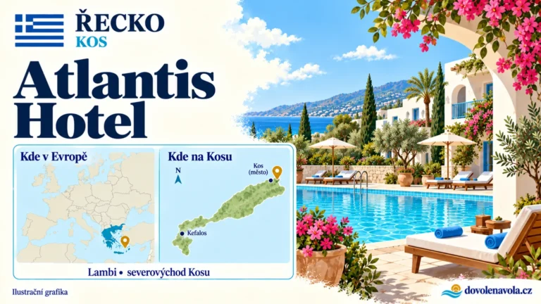 Atlantis Hotel – Řecko, Kos; ilustrační hotelová karta s mapou Evropy a orientační polohou: Lambi, severovýchod Kosu.