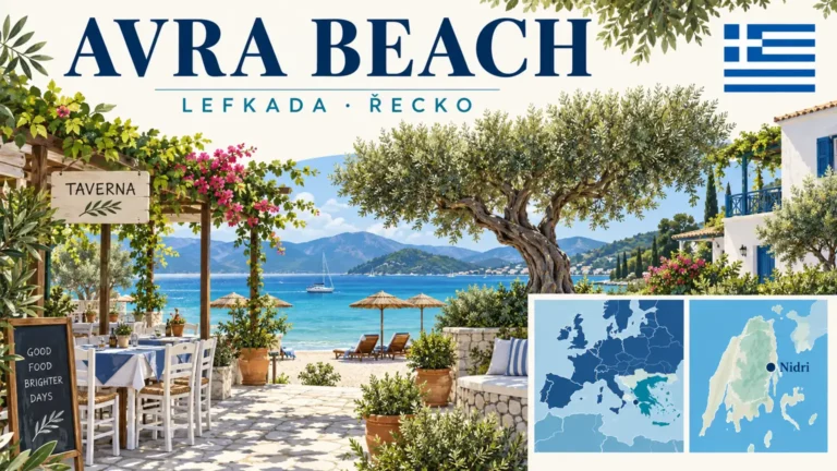 Avra Beach Nidri – Lefkada; ilustrační cestovatelská karta s řeckou vlajkou a orientačními mapami.