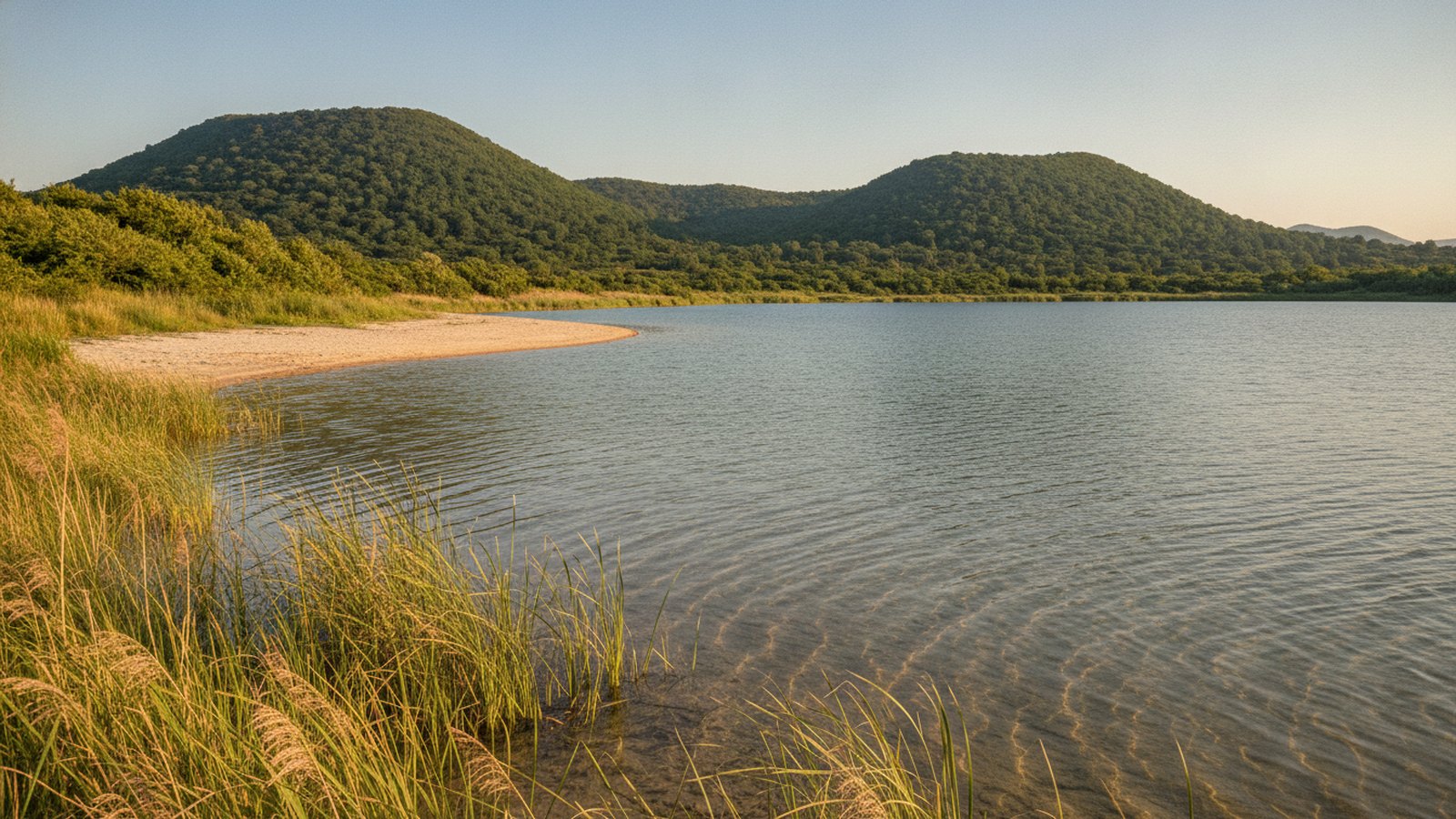 Mělké jezero s vinařskými kopci na protějším břehu