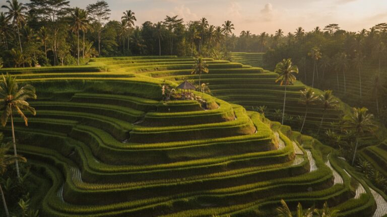 Rýžové terasy na svahu s palmami na Bali