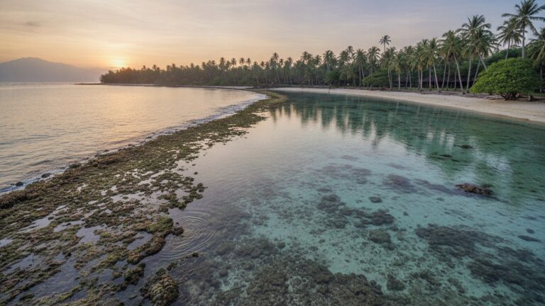 Klidná mělká laguna za korálovým útesem na Bali s palmami