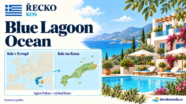 Blue Lagoon Ocean – Řecko, Kos; ilustrační hotelová karta s mapou Evropy a orientační polohou: Agios Fokas / Psalidi, východ Kosu.