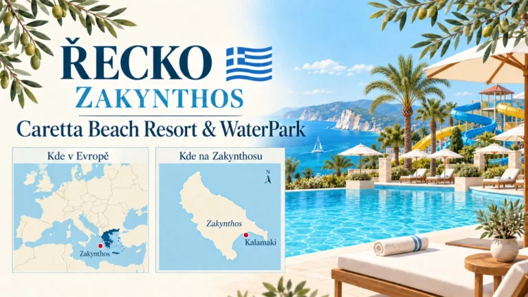 Caretta Beach Resort & WaterPark – Zakynthos v Řecku; ilustrační hotelová karta s orientační mapou Evropy a polohou Kalamaki.