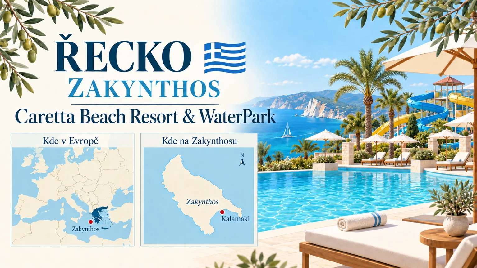 Caretta Beach Resort & WaterPark – Zakynthos v Řecku; ilustrační hotelová karta s orientační mapou Evropy a polohou Kalamaki.