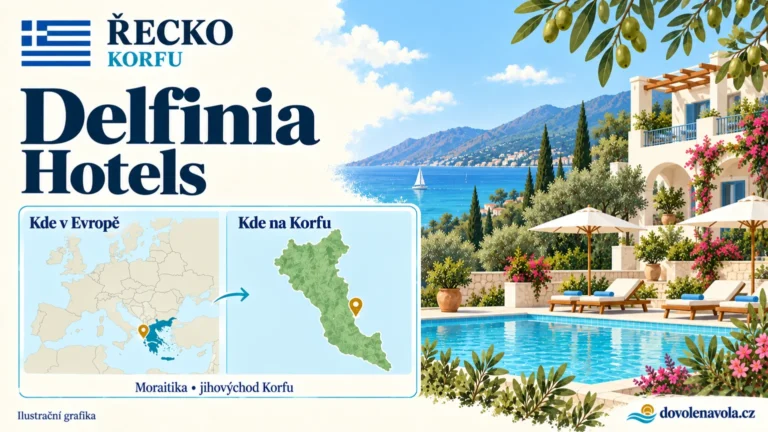 Delfinia Hotels – Řecko, Korfu; ilustrační hotelová karta s mapou Evropy a orientační polohou: Moraitika, jihovýchod Korfu.