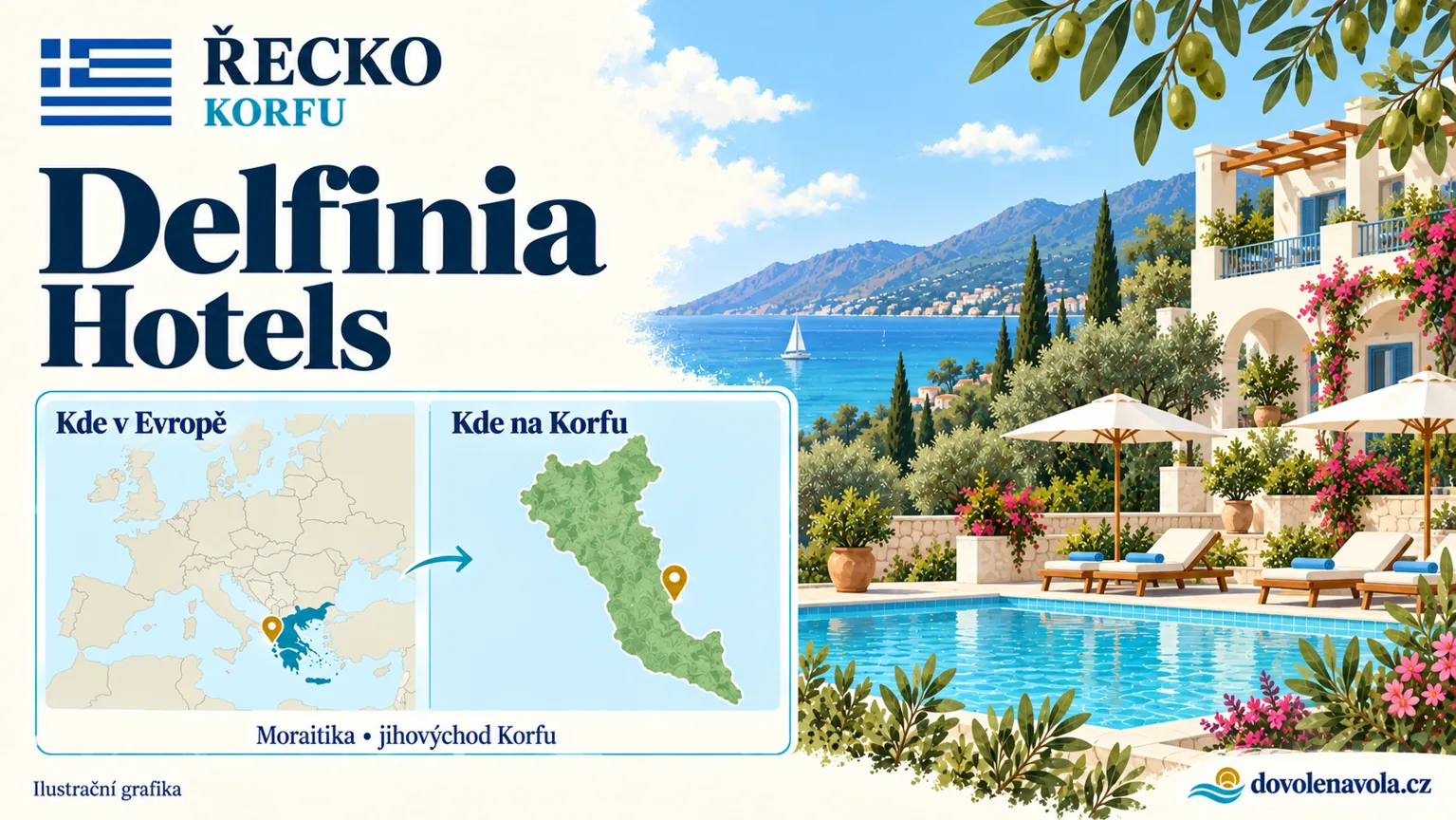 Delfinia Hotels – Řecko, Korfu; ilustrační hotelová karta s mapou Evropy a orientační polohou: Moraitika, jihovýchod Korfu.