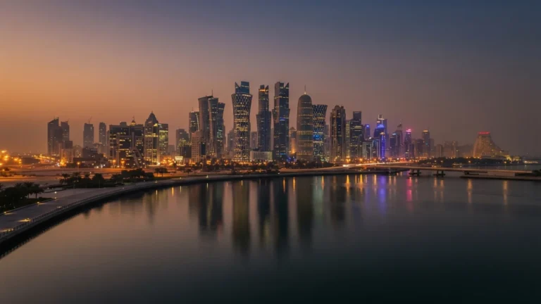 Panorama Dubaje s mrakodrapy za soumraku
