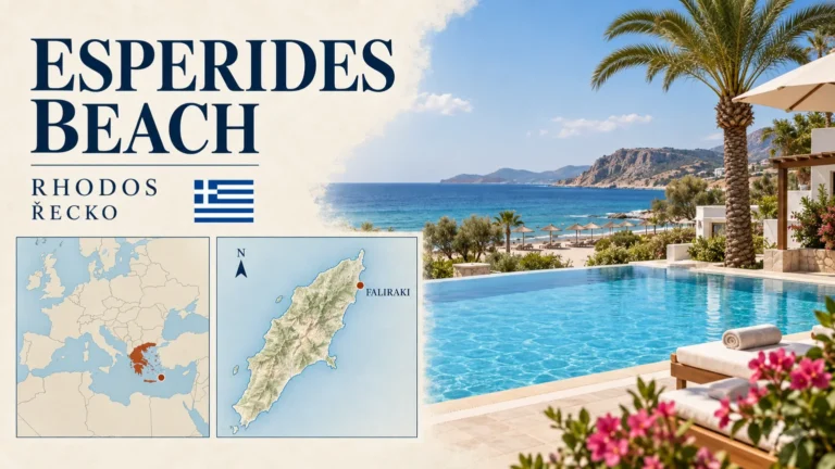 Esperides Beach – Rhodos v Řecku; ilustrační hotelová karta s orientační mapou Evropy a polohou Faliraki.