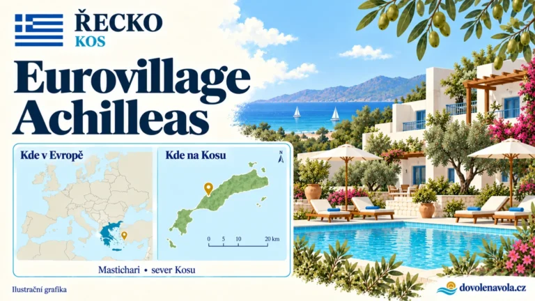 Eurovillage Achilleas – Řecko, Kos; ilustrační hotelová karta s mapou Evropy a orientační polohou: Mastichari, severní pobřeží Kosu.