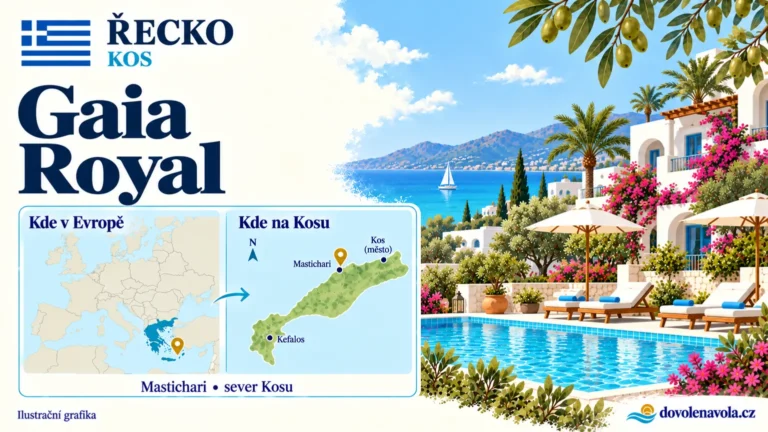 Gaia Royal – Řecko, Kos; ilustrační hotelová karta s mapou Evropy a orientační polohou: u Mastichari, sever Kosu.