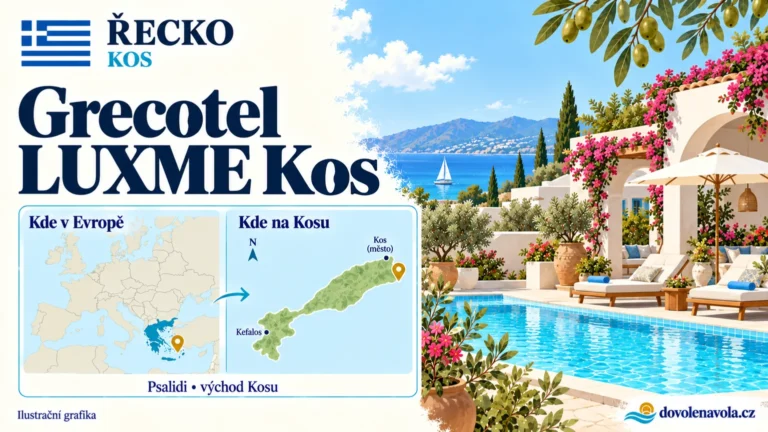 Grecotel LUXME Kos – Řecko, Kos; ilustrační hotelová karta s mapou Evropy a orientační polohou: Psalidi, východ Kosu.