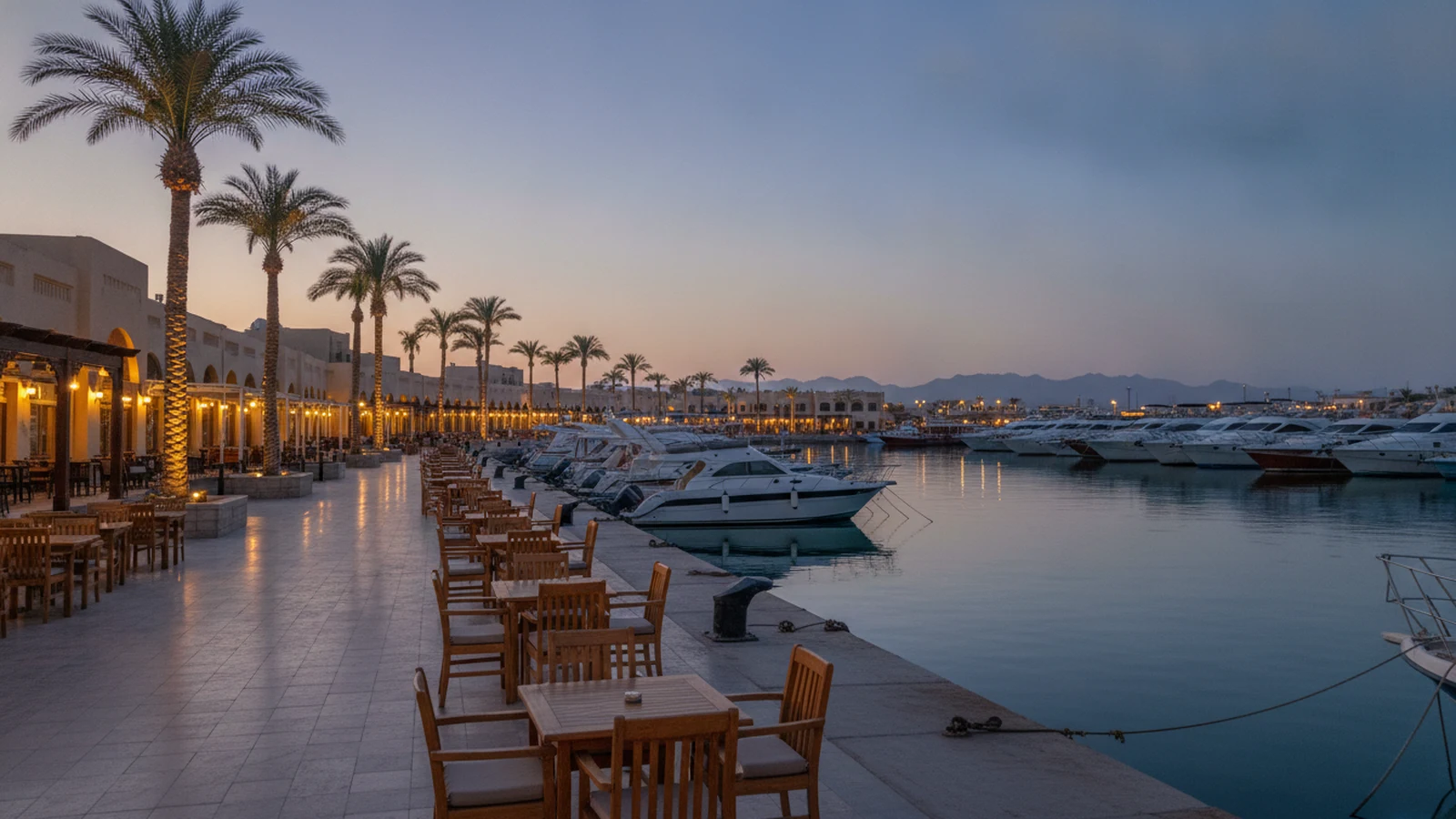 Promenáda Hurghada Marina s kotvícími jachtami a restauracemi za soumraku