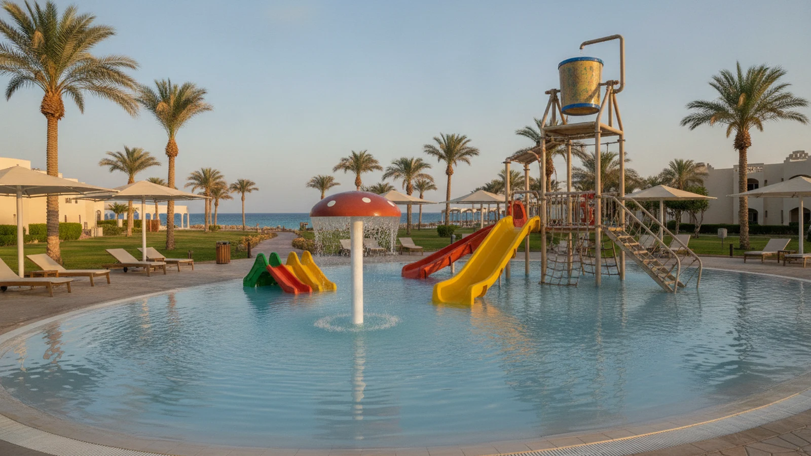 Prázdný dětský aquapark s mělkým bazénem, malými tobogány a stínítky v resortu v Hurghadě