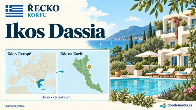 Ikos Dassia – Řecko, Korfu; ilustrační hotelová karta s mapou Evropy a orientační polohou: Dassia, východní pobřeží Korfu.