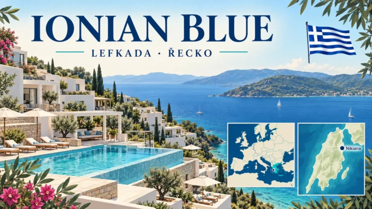 Ionian Blue – Lefkada; ilustrační cestovatelská karta s řeckou vlajkou a orientačními mapami.