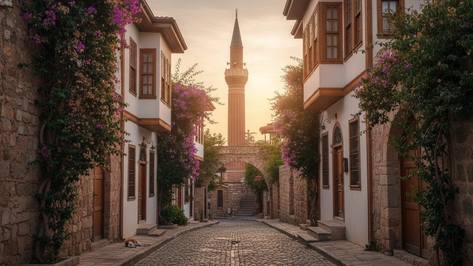Úzká dlážděná ulička v Kaleiçi s osmanskými domy a minaretem Yivli v pozadí