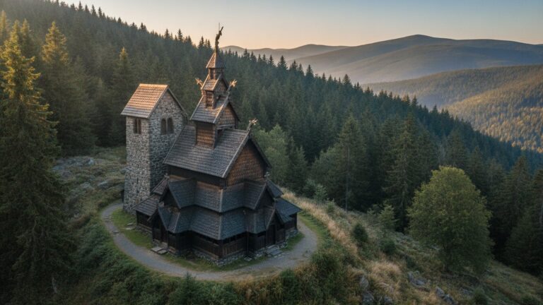 Dřevěný norský kostel na svahu v Krkonoších