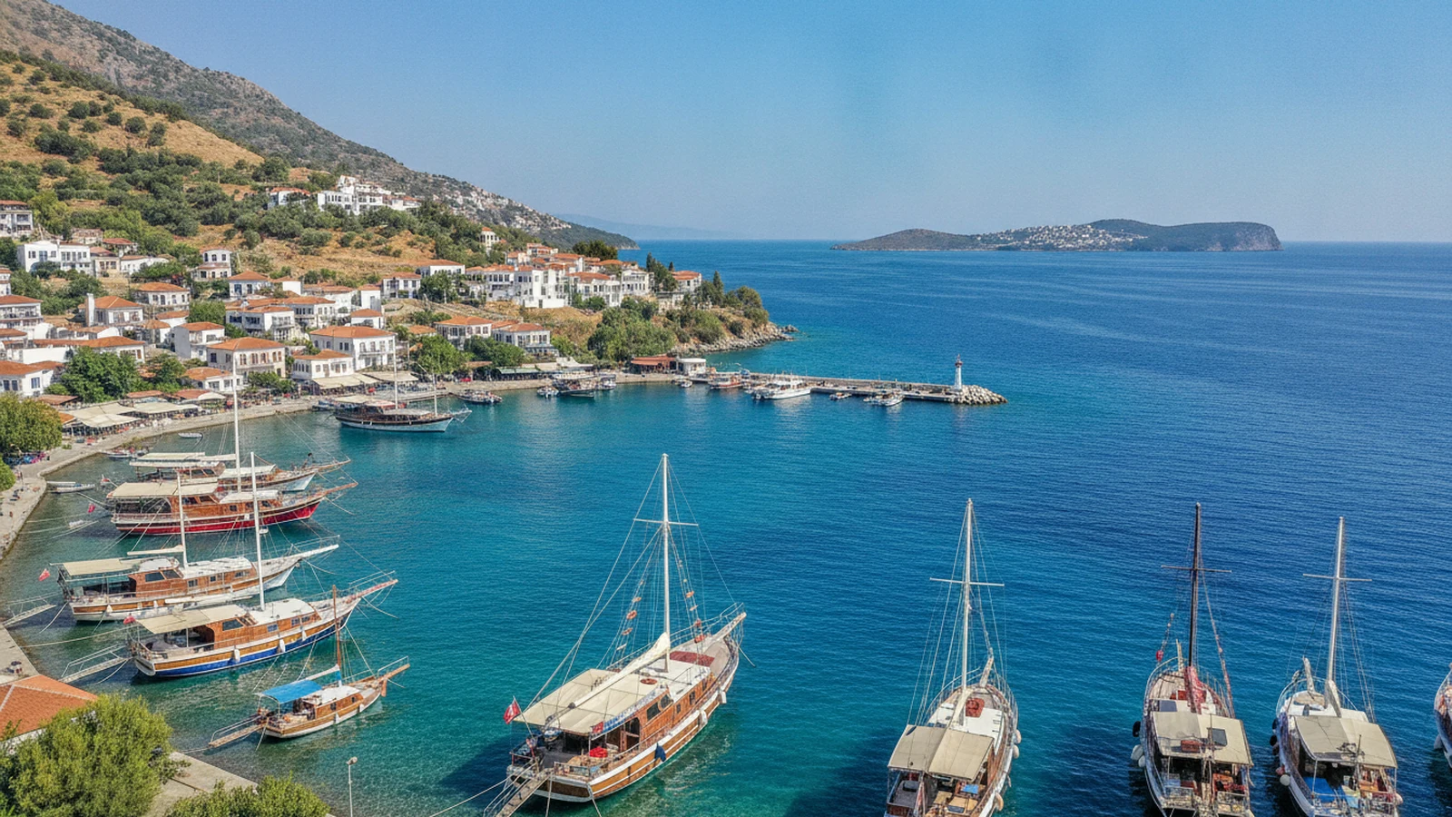 Přístav Kaş na lýkijském pobřeží s bílými domy a loďkami
