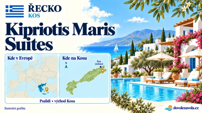 Kipriotis Maris Suites – Řecko, Kos; ilustrační hotelová karta s mapou Evropy a orientační polohou: Psalidi na východním pobřeží Kosu.